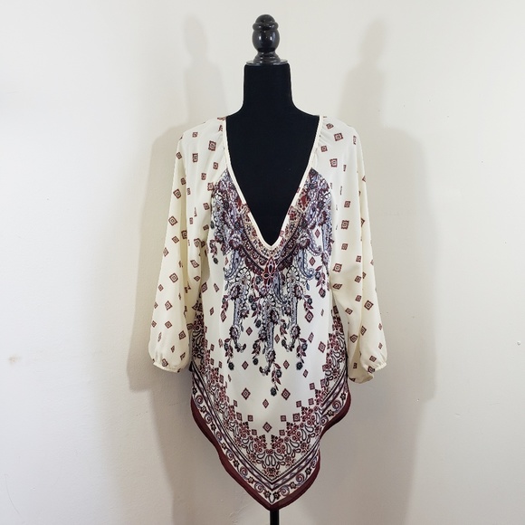 Tops - Boho Print Triangle Bottom Long Sleeve Blouse